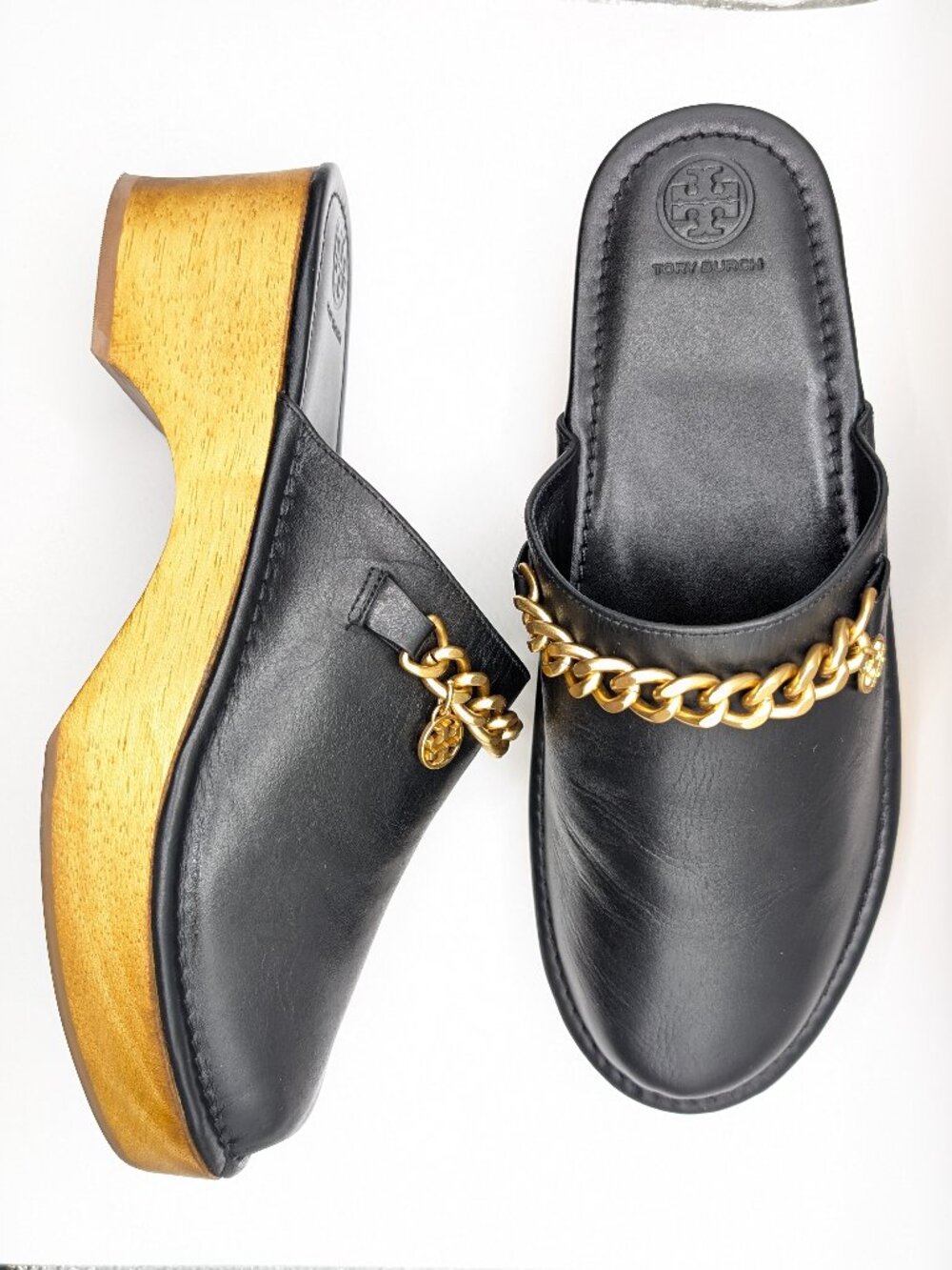 Tory Burch Mini Benton Clog with Charm | Size 9 | Gold Chain | Wood Platform